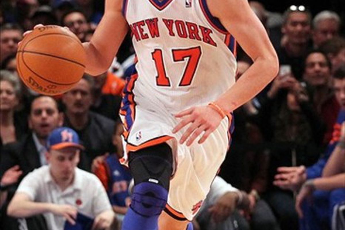Feb 29, 2012; New York, NY, USA;  New York Knicks point guard Jeremy Lin (17) drives the ball during the third quarter against the Cleveland Cavaliers at Madison Square Garden.  Knicks won 120-103.  Mandatory Credit: Anthony Gruppuso-US PRESSWIRE