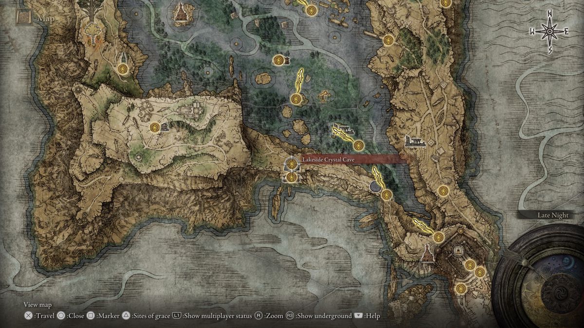 Elden Ring’s map, showing the location of Lakeside Crystal Cave. 