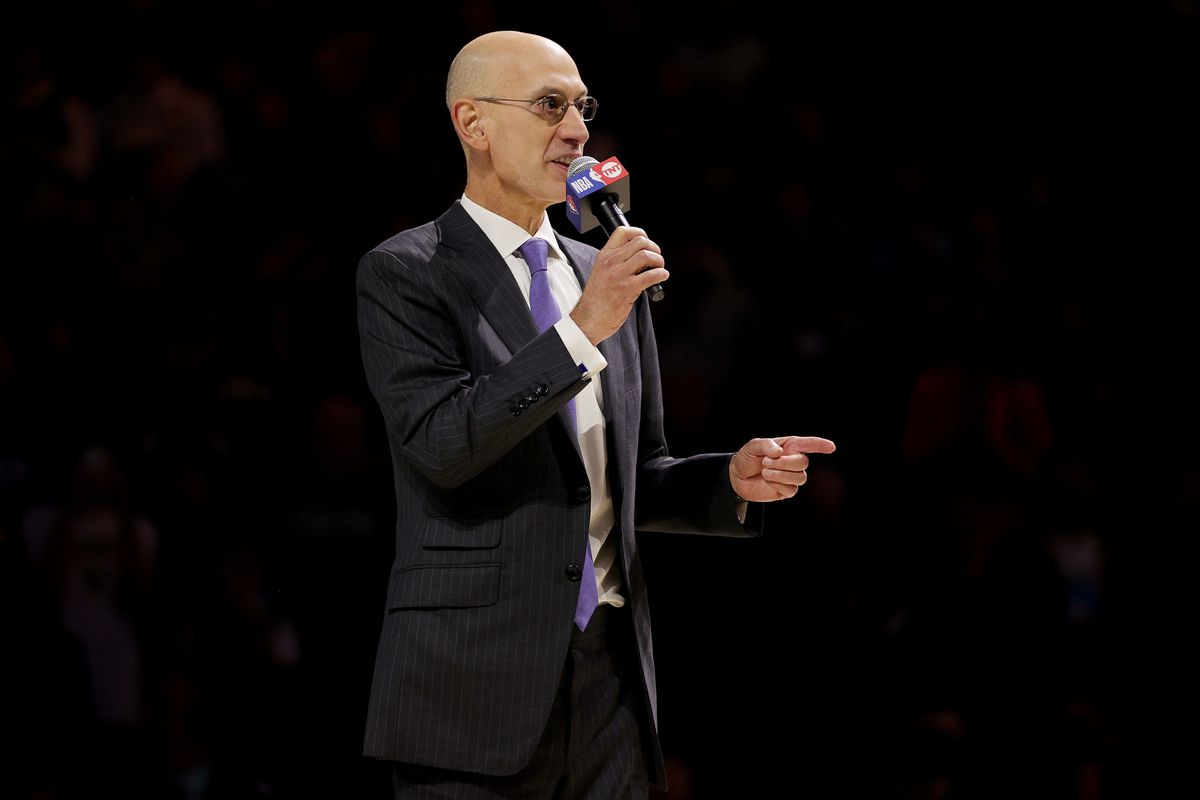 NBA commissioner Adam Silver speaks to the crowd during a ceremony before the game between the Brooklyn Nets and Milwaukee Bucks at the Fiserv Forum on October 19, 2021 in Milwaukee, Wisconsin.