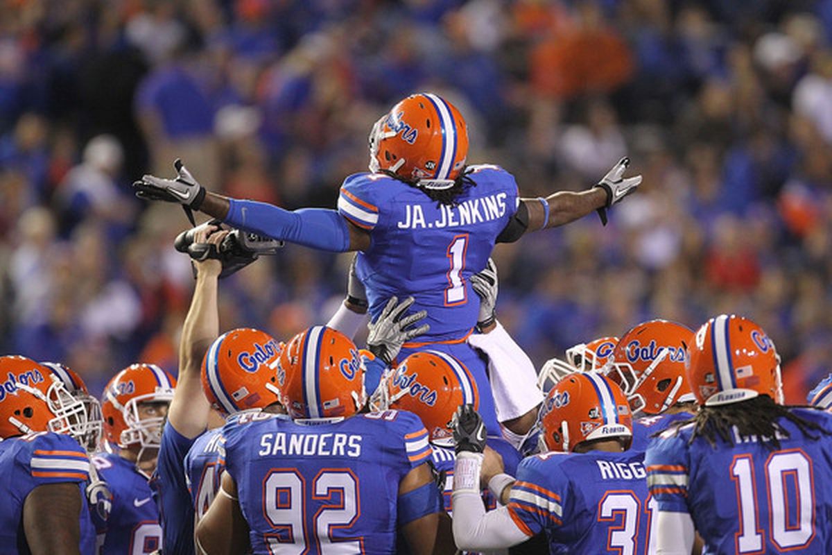 GAINESVILLE FL - NOVEMBER 13: Janoris Jenkins #1 of the Florida Gators gets the crowd up during a game against the South Carolina Gamecocks at Ben Hill Griffin Stadium on November 13 2010 in Gainesville Florida.  (Photo by Mike Ehrmann/Getty Images)