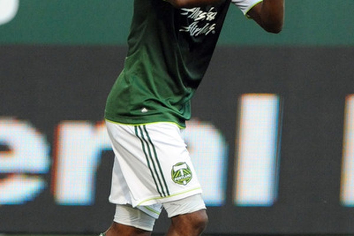 Jorge Perlaza celebrates one of his six goals as a Timber, in his classy, understated manner.