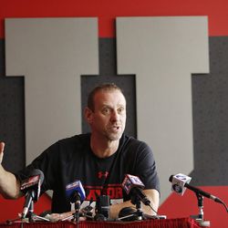 University of Utah coach Lary Krystkowiak speaks to media after finding out the Utes' NCAA tournament seeding in Salt Lake City Sunday, March 13, 2016. 