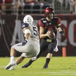 San Diego State quarterback Ryan Agnew looks to pass while pressured by Utah State’s Justus Te’i during an NCAA college football game Saturday, Sept. 21, 2019, in San Diego. (Hayne Palmour IV/The San Diego Union-Tribune via AP)