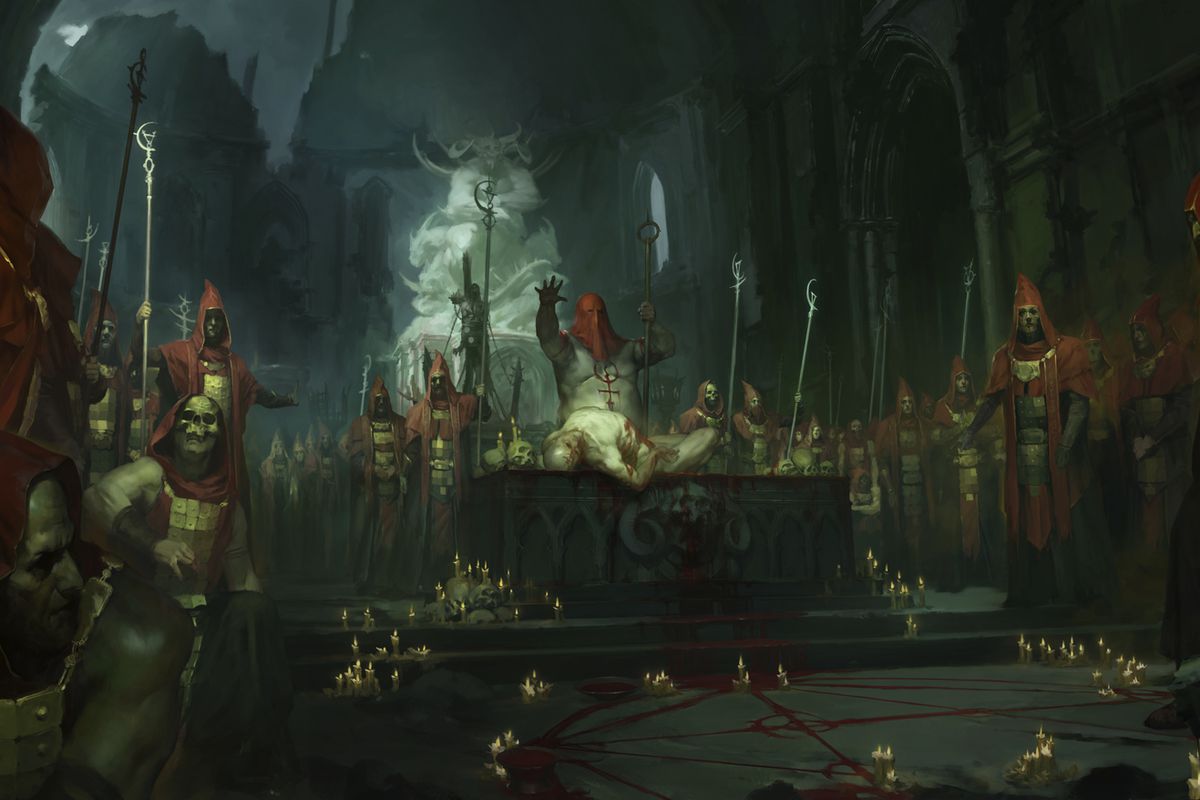 Diablo 4 artwork depicting cultists performing a sacrifice