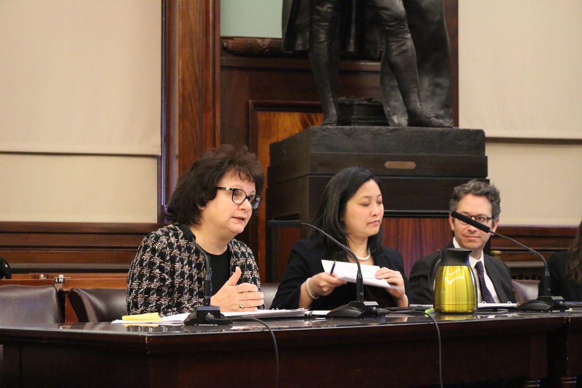Corinne Rello-Anselmi (left) and Linda Chen (center) testify at a City Council hearing on special education.