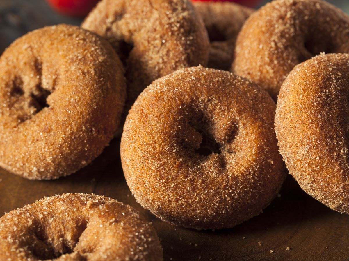 A close-up shot of apple cider doughnuts. 