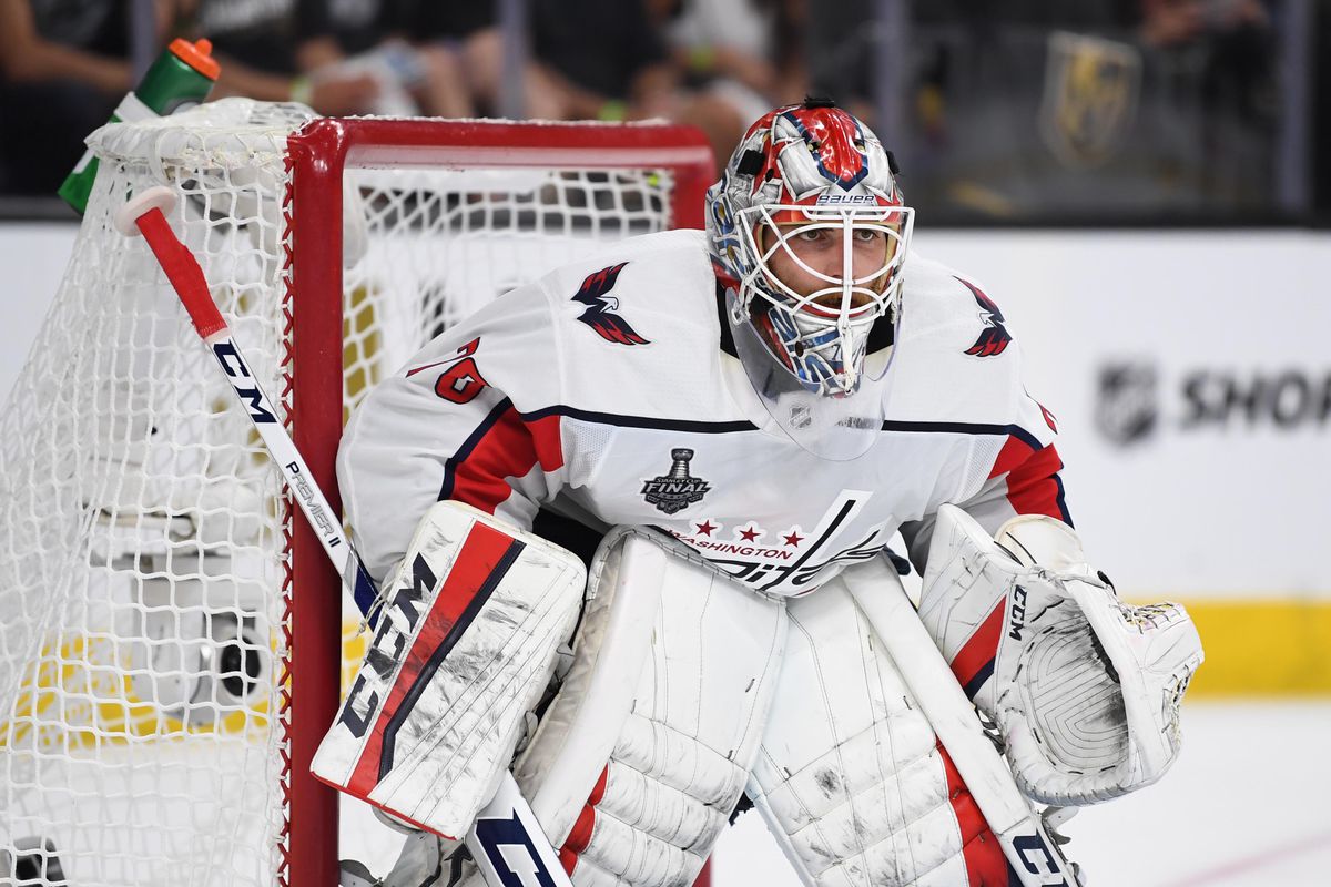 May 28, 2018; Las Vegas, NV, USA; Washington Capitals goaltender Braden Holtby (70) defends the net against the Vegas Golden Knights in the second period in game one of the 2018 Stanley Cup Final at T-Mobile Arena.&nbsp;