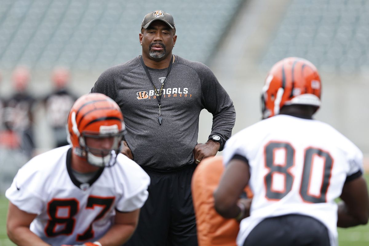 CINCINNATI, OH - MAY 12: Cincinnati Bengals tight ends coach Jonathan Hayes watches the blocking of Orson Charles #80 during a rookie minicamp at Paul Brown Stadium on May 12, 2012 in Cincinnati, Ohio. (Photo by Joe Robbins/Getty Images)