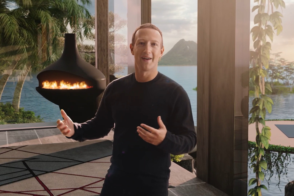 Facebook CEO Mark Zuckerberg speaking from in front of a virtual tropical background.