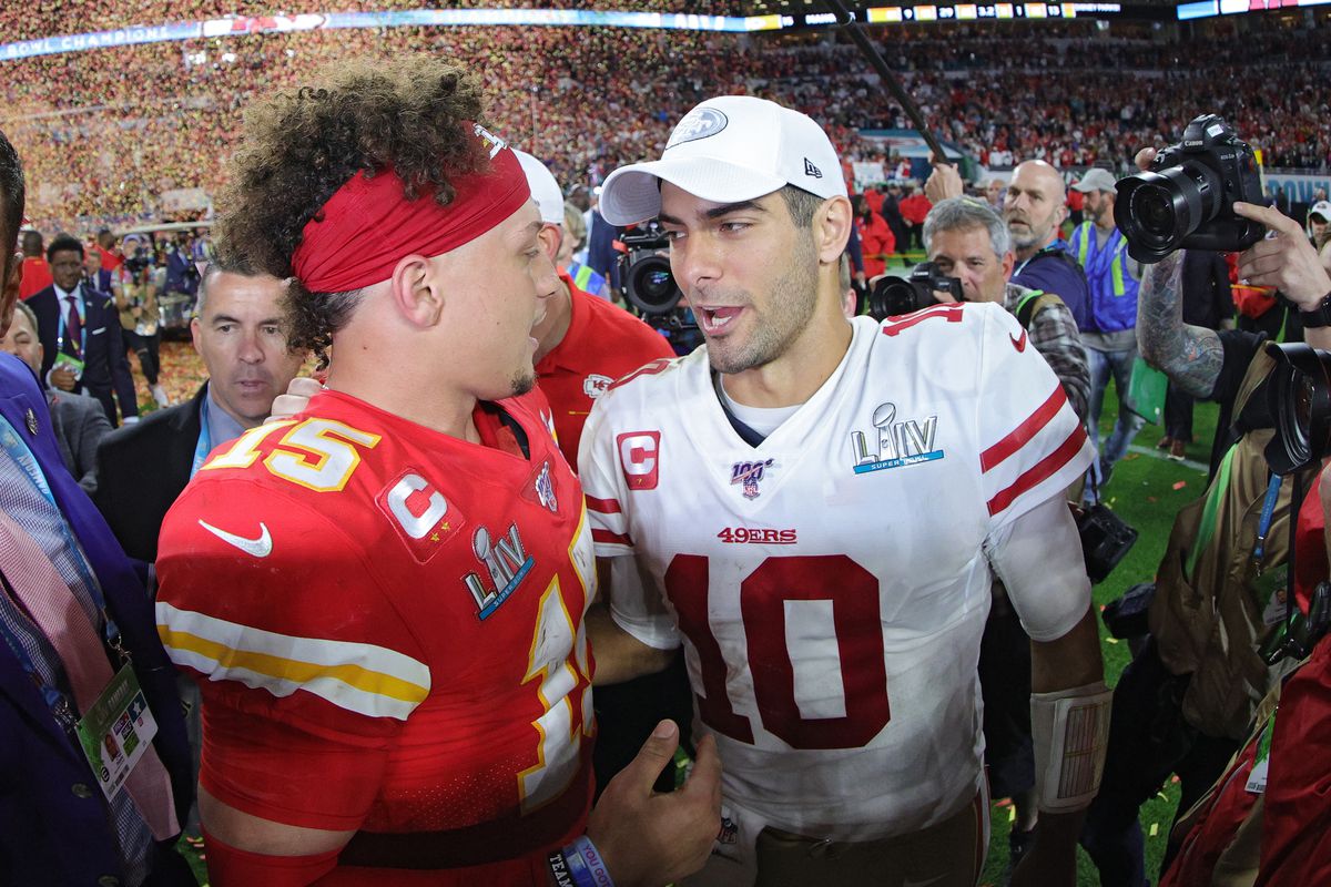 Patrick Mahomes #15 of the Kansas City Chiefs shakes hands with Jimmy Garoppolo #10 of the San Francisco 49ers after Super Bowl LIV at Hard Rock Stadium on February 02, 2020 in Miami, Florida.