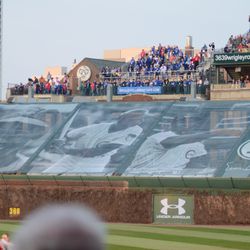 6:59 p.m. Right field bleachers with temporary Ernie Banks display - 