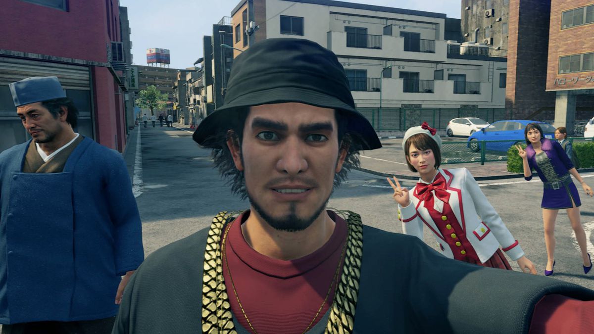 A selfie taken in-game in Yakuza: Like a Dragon showing the protagonist, Ichiban Kasuga, and other party members.
