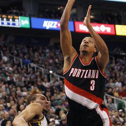 Portland Trail Blazers guard C.J. McCollum (3) puts up a shot against the Jazz Friday, Feb. 20, 2015, at EnergySolutions Arena in Salt Lake City. The Jazz beat the Blazers, 92-76.