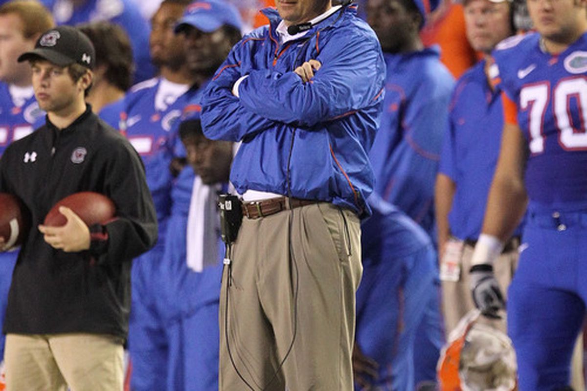 GAINESVILLE FL - NOVEMBER 13:  Florida Gators head coach Urban Meyer  during a game against the South Carolina Gamecocks at Ben Hill Griffin Stadium on November 13 2010 in Gainesville Florida.  (Photo by Mike Ehrmann/Getty Images)