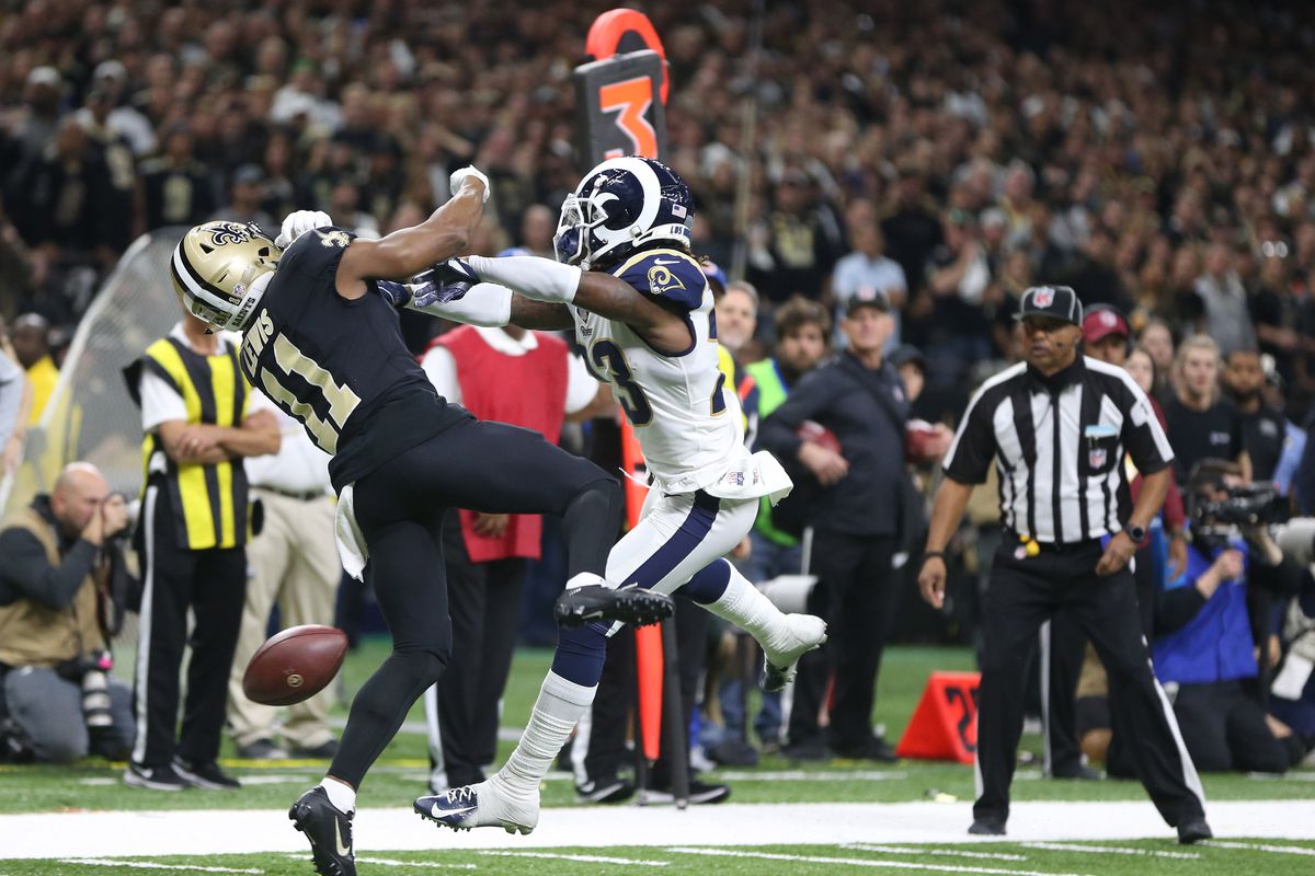 Los Angeles Rams CB Nickell Robey-Coleman breaks up a pass intended or New Orleans Saints WR Tommylee Lewis&nbsp;during the NFC Championship, Jan. 20, 2019.