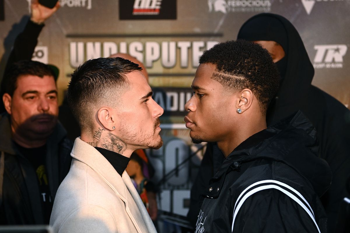 George Kambosos Jr of Australia and Devin Haney of the United States face off after a press conference at Culture Kings on May 30, 2022 in Melbourne, Australia.