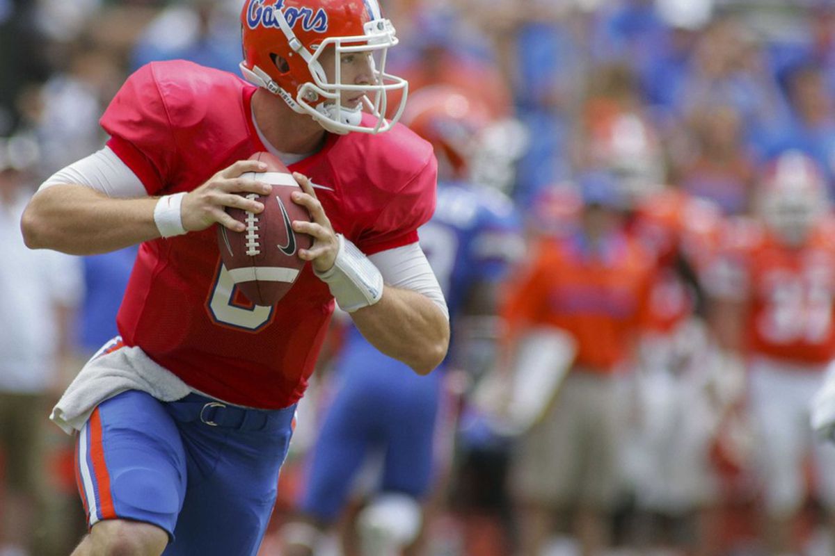 April 7, 2012; Gainesville FL, USA; Florida Gators quarterback Jeff Driskel (6) rolls out during the first half of the Florida-Spring Game at Ben Hill Griffin Stadium. Mandatory Credit: Phil Sears-US PRESSWIRE