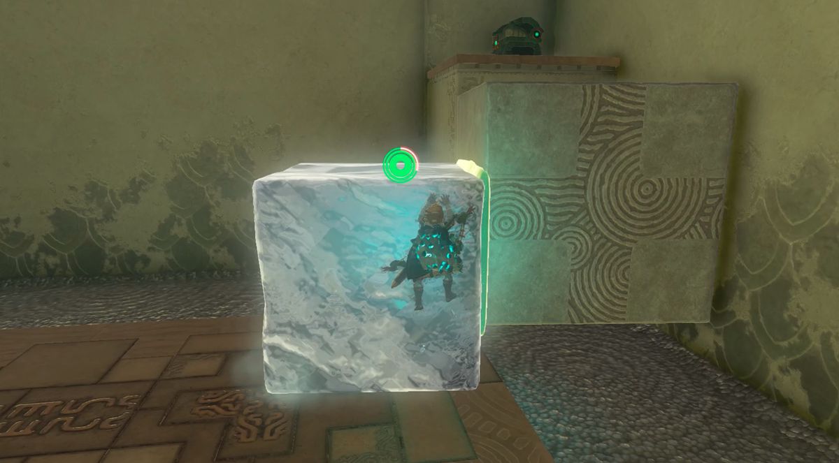 Link uses an ice cube in the Tadarok Shrine Fire and Water challenge in Zelda: Tears of the Kingdom