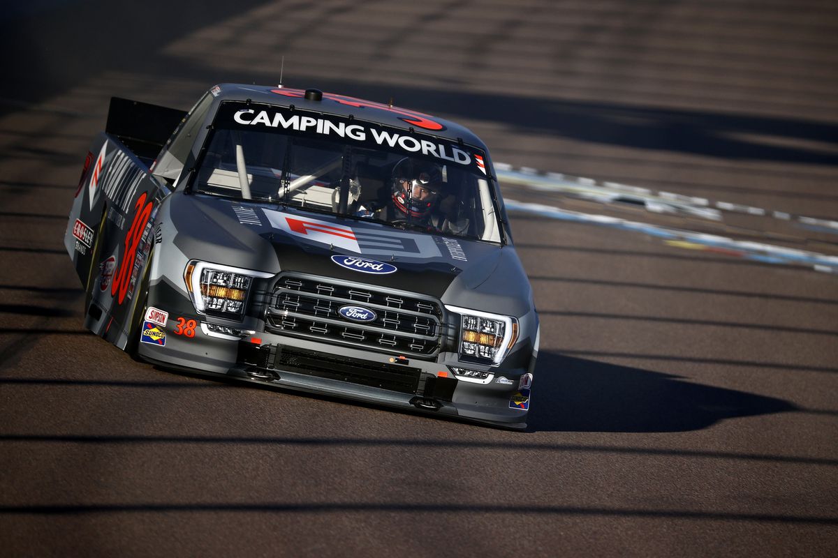 Todd Gilliland, driver of the #38 Frontline Enterprises Inc Ford, drives during qualifying for the NASCAR Camping World Truck Series Lucas Oil 150 at Phoenix Raceway on November 05, 2021 in Avondale, Arizona.