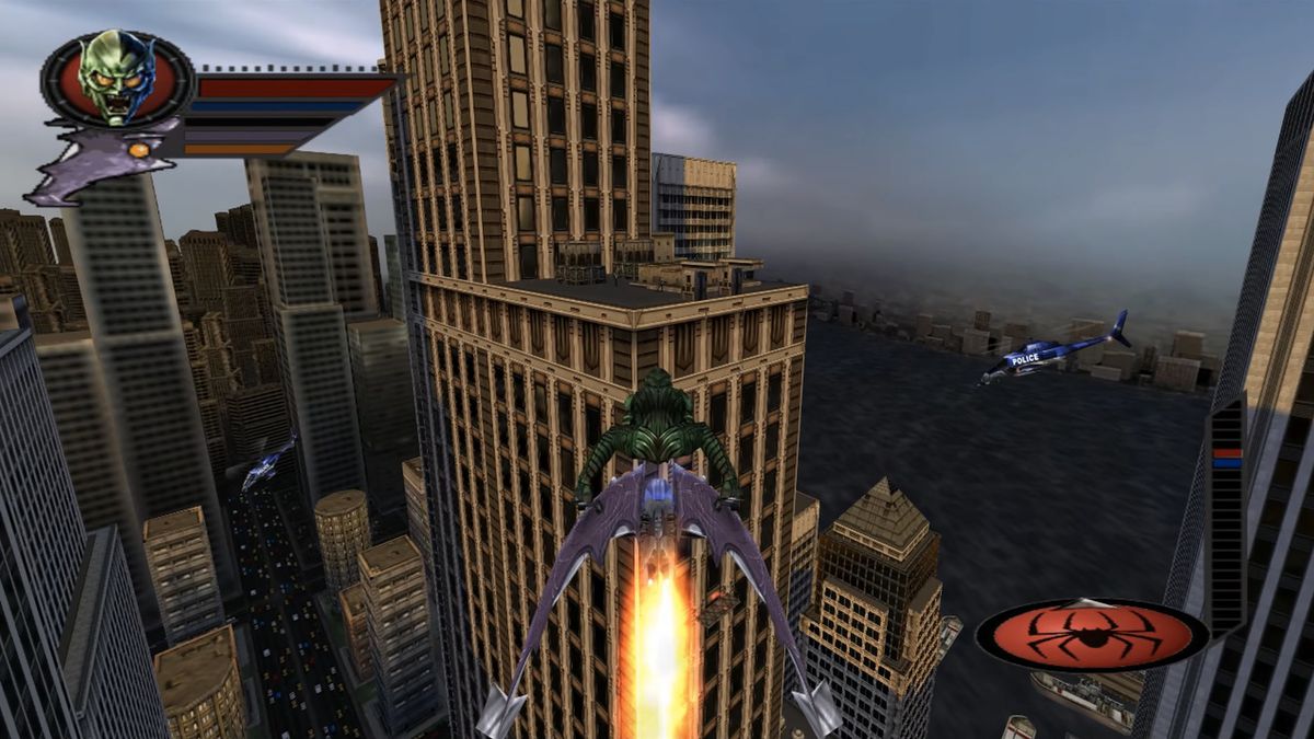 Green Goblin flies over New York in a still from Spider-Man (2002)