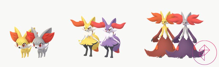 Fennekin، Braixen و Delphox با فرم های براق خود در Pokémon Go.  تمام فرم های براق نقره ای و بنفش می شوند.