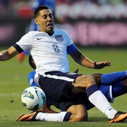 Clint Dempsey (8) of the U.S. loses the ball as he tries to kick as the United States and Honduras play Tuesday, June 18, 2013 at Rio Tinto Stadium. USA beat Honduras 1-0.
