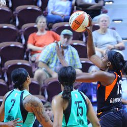 The New York Liberty take on the Connecticut Sun in a WNBA game at Mohegan Sun Arena in Uncasville, CT on July 11, 2018.