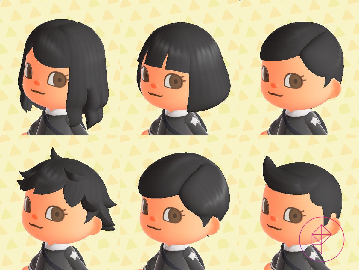 Six hairstyles on an Animal Crossing villager, including a messy short cut and long wavy hair
