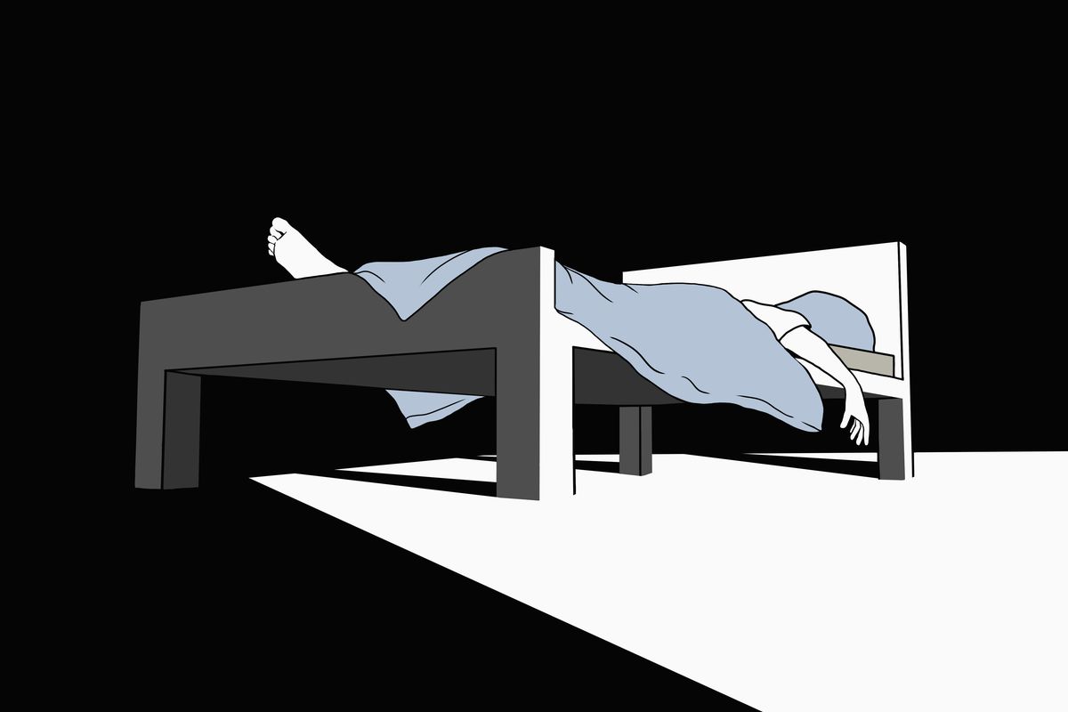 An illustration of an exhausted person sleeping in bed.