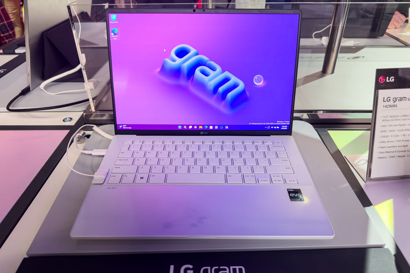 The LG Gram Style displaying the blue Gram logo on a purple background.