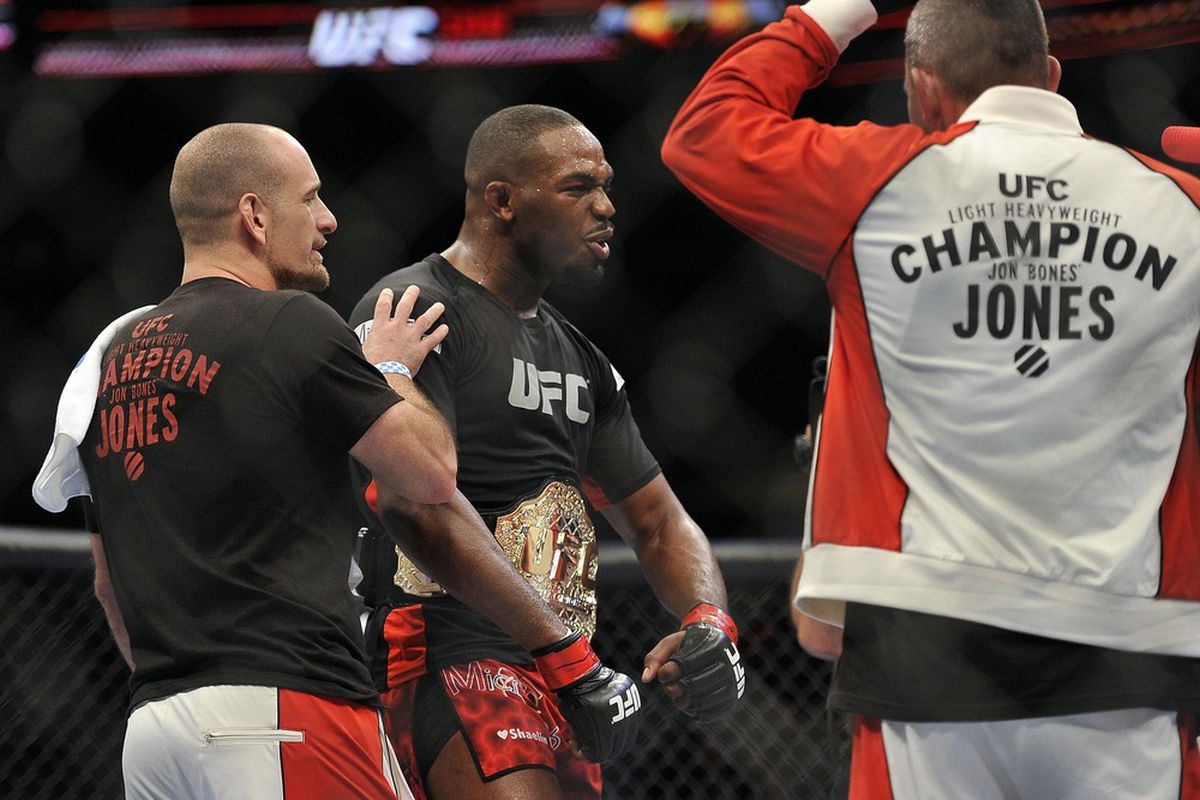 Apr 21, 2012; Atlanta, GA, USA; Jon Jones reacts to beating Rashad Evans in the main event and light heavyweight title bout during UFC 145 at Philips Arena. Jon Jones won the bout by unanimous decision. Photo: Paul Abell-US PRESSWIRE