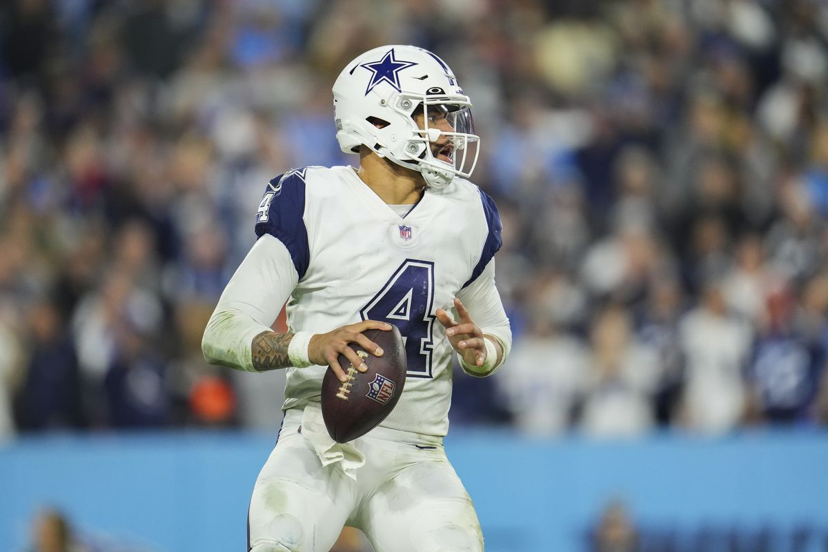 Dak Prescott #4 of the Dallas Cowboys looks to pass against the Tennessee Titans at Nissan Stadium on December 29, 2022 in Nashville, Tennessee.