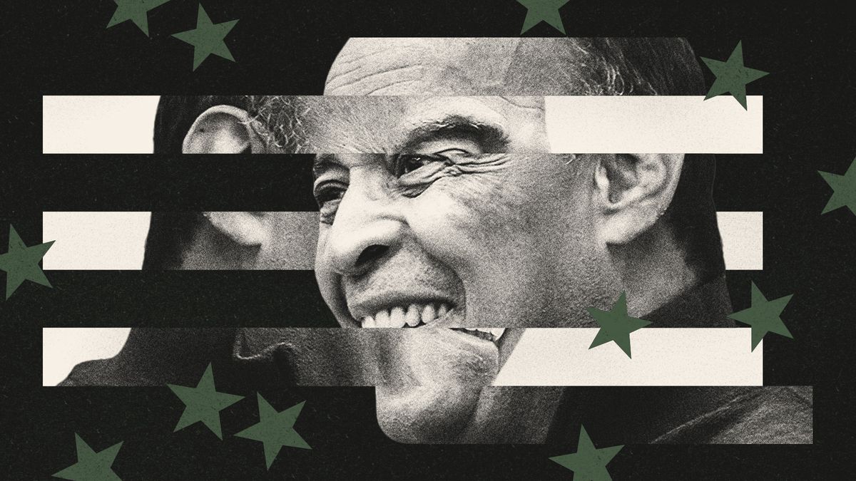 A photo illustration shows a Black man, scholar Adolph Reed, in profile and smiling. In the background is another Black man with his face not visible, and over both, there are stripes of black and white, with scattered dark green stars, as from the US flag in different colors.