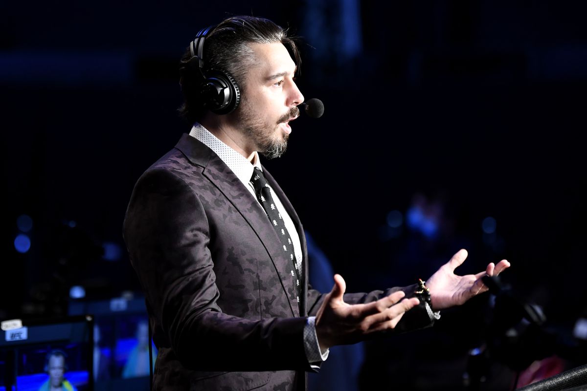 Former title challenger Dan Hardy on commentary duties for a UFC Fight Night event in Abu Dhabi in 2020. 