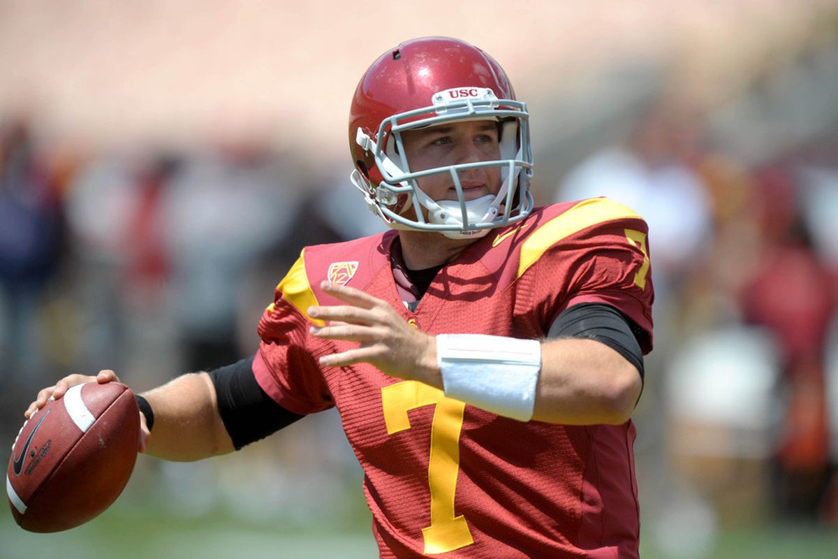 Apr 14, 2012; Los Angeles, CA, USA; Southern California Trojans quarterback Matt Barkley (7) throws a pass in the 2012 spring game at the Los Angeles Memorial Coliseum. Mandatory Credit: Kirby Lee/Image of Sport-US PRESSWIRE