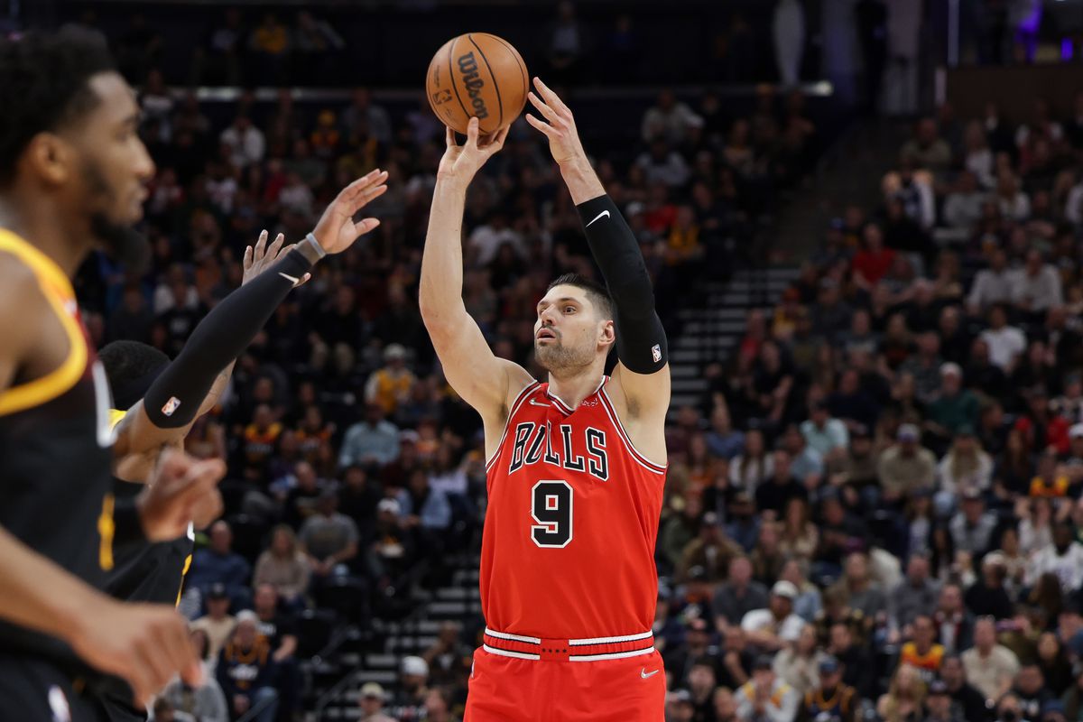 Chicago Bulls center Nikola Vucevic (9) shoots the ball during the second half against the Utah Jazz at Vivint Arena.