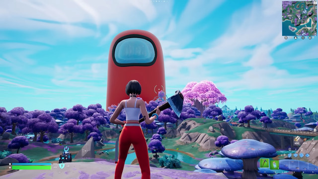 a fortnite character sands in a forrest filled with purple trees. a giant red among us crewmate looms in distance. 