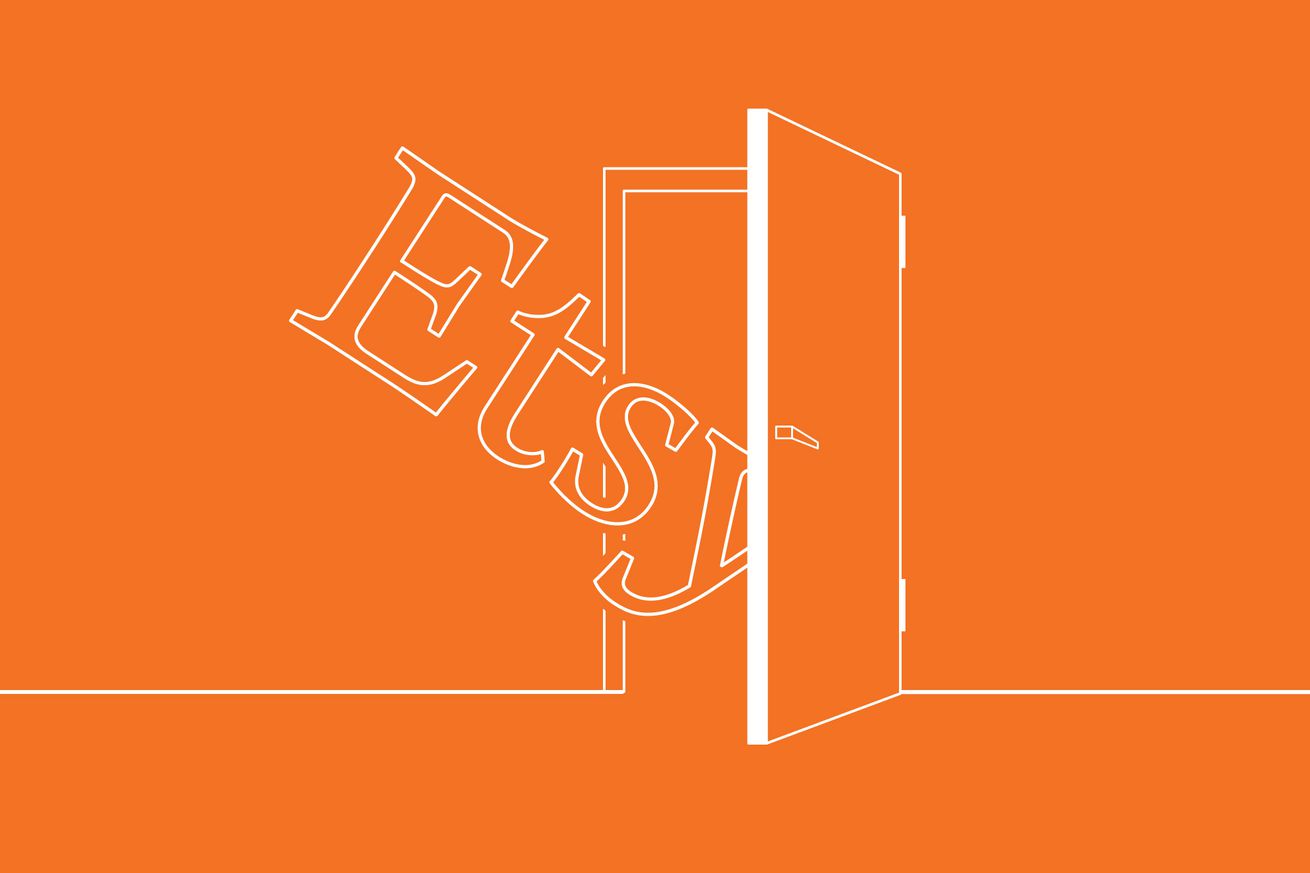 An orange illustration showing the word Etsy going out of an open door