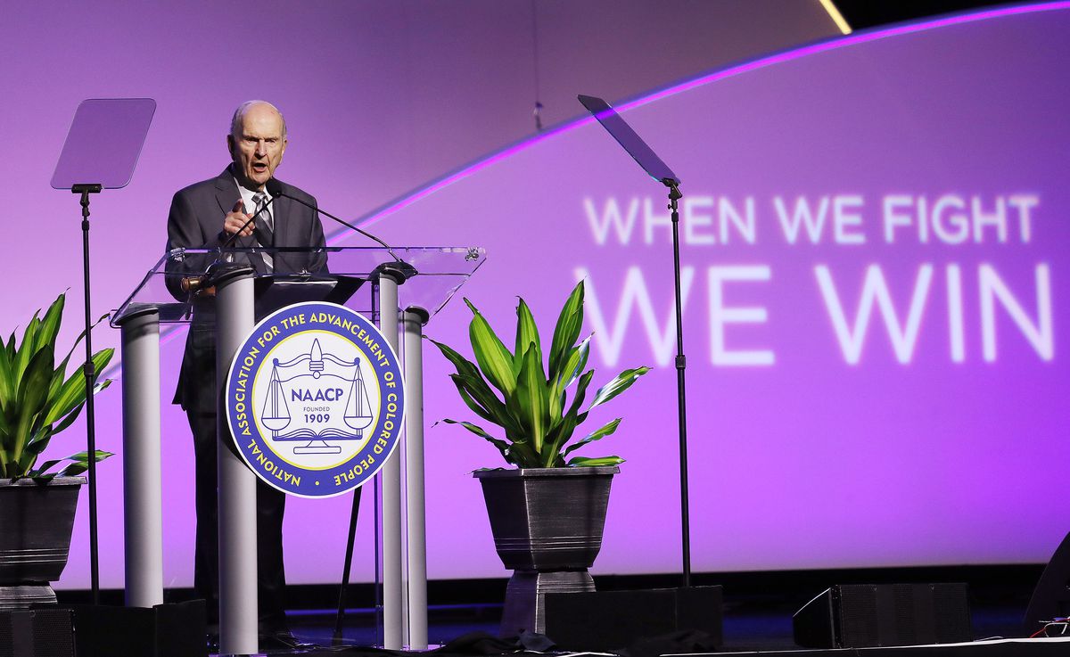President Russell M. Nelson of The Church of Jesus Christ of Latter-day Saints speaks at the 2019 NAACP convention in Detroit.