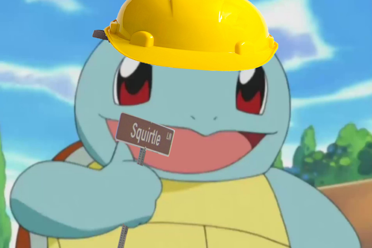 Squirtle giving a thumbs up, wearing a photoshopped on construction hand and holding a Squirtle street sign.