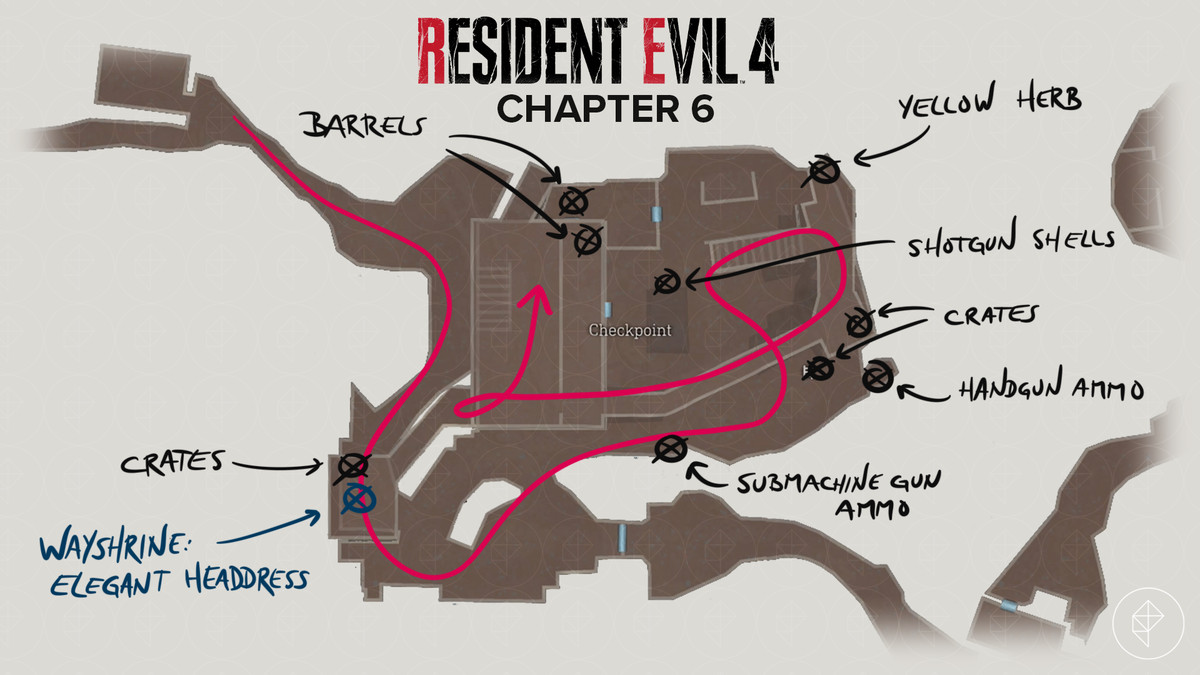 Resident Evil 4&nbsp;remake&nbsp;map of the Checkpoint with items marked