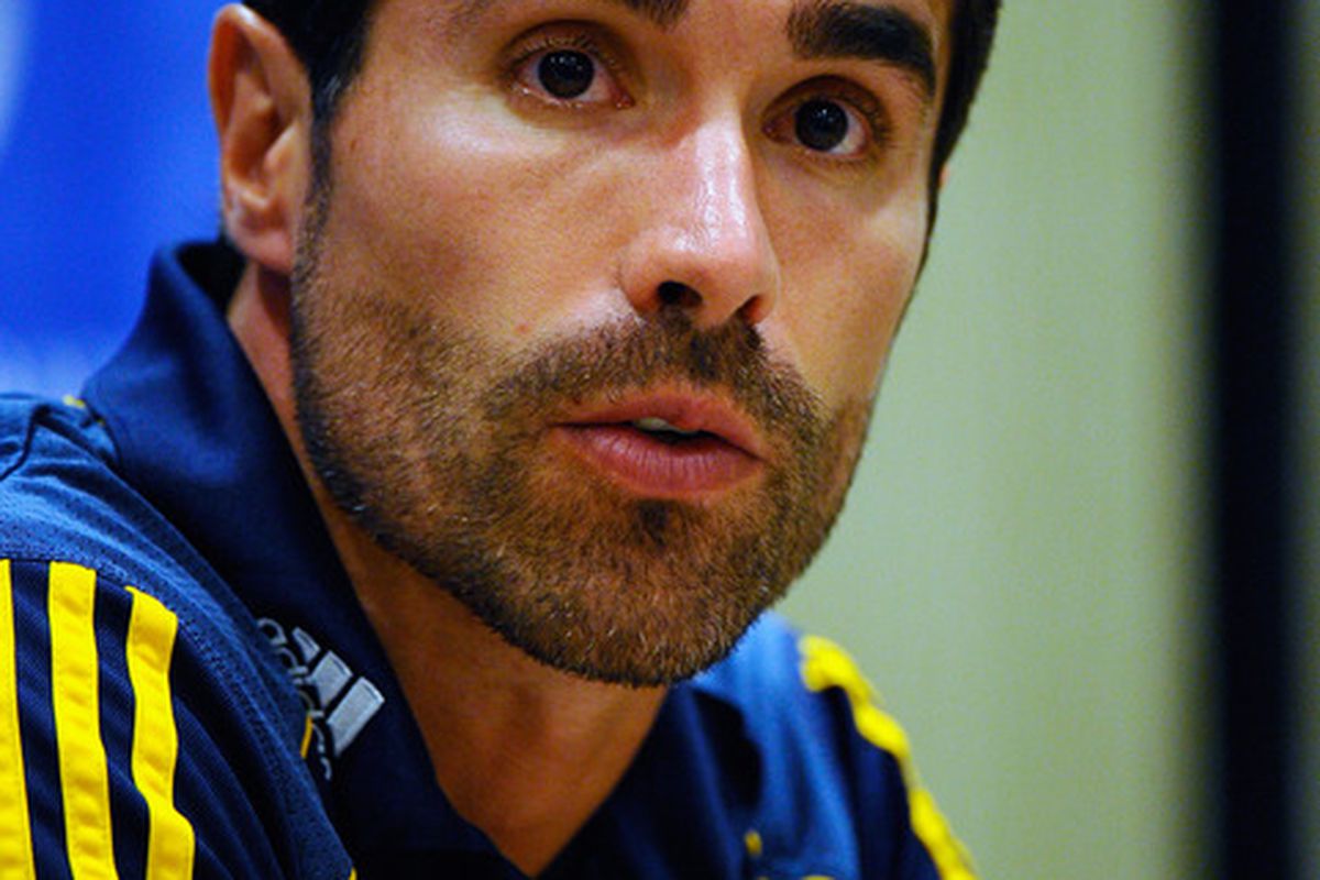MARINA DEL REY, CA - JULY 21:  Juan Pablo Angel #9 of Los Angeles Galaxy speaks during a news conference with Manchester City on July 21, 2011 in Marina del Rey, California.  (Photo by Kevork Djansezian/Getty Images)
