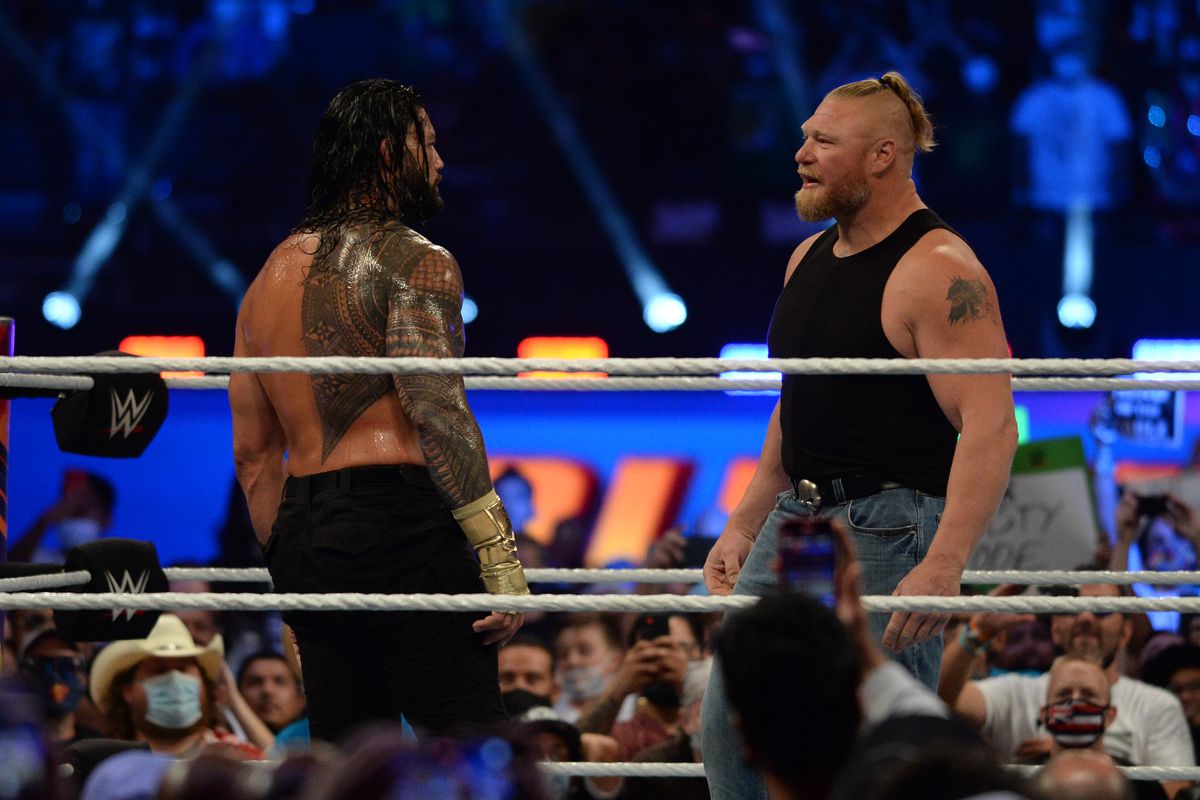 Brock Lesnar returns to WWE to confront WWE Universal Champion Roman Reigns at SummerSlam 2021 at Allegiant Stadium.