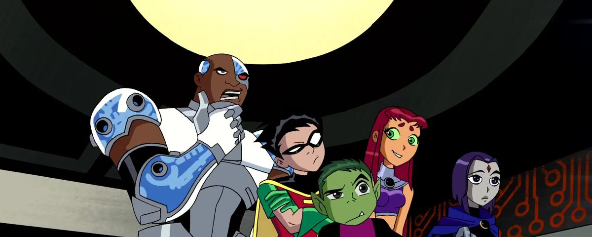 Cyborg, Robin, Beast Boy, Starfire, and Raven stand looking kind of confused at something