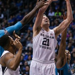 Brigham Young Cougars forward Kyle Davis (21) lays it up during a game at the Marriott Center in Provo on Saturday, Nov. 19, 2016.