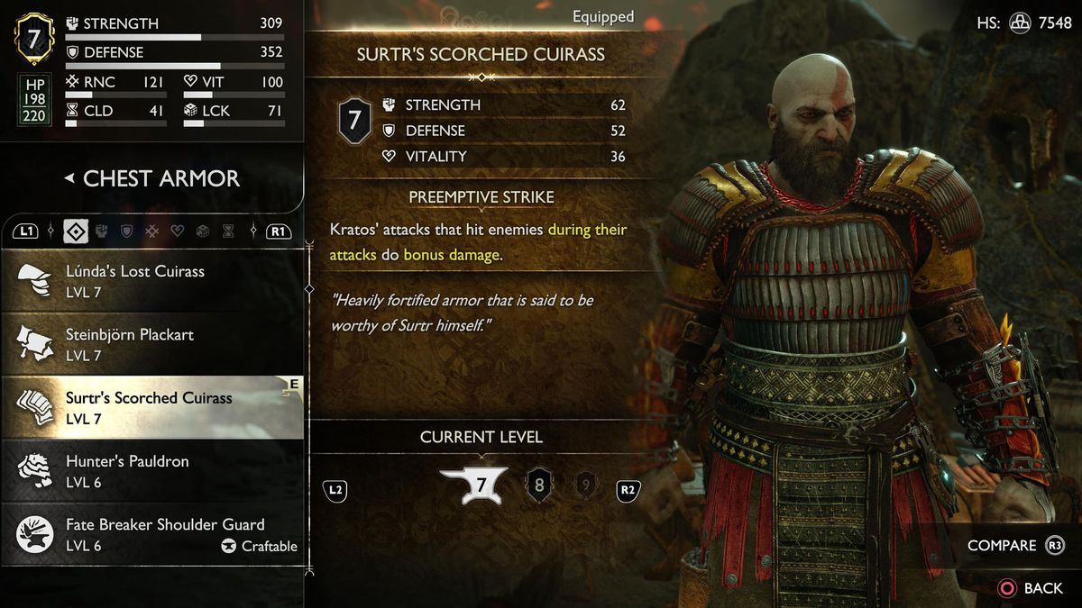 Kratos stands wearing Surtr’s Scorched Cuirass in the best armor menu for God of War Ragnarok.