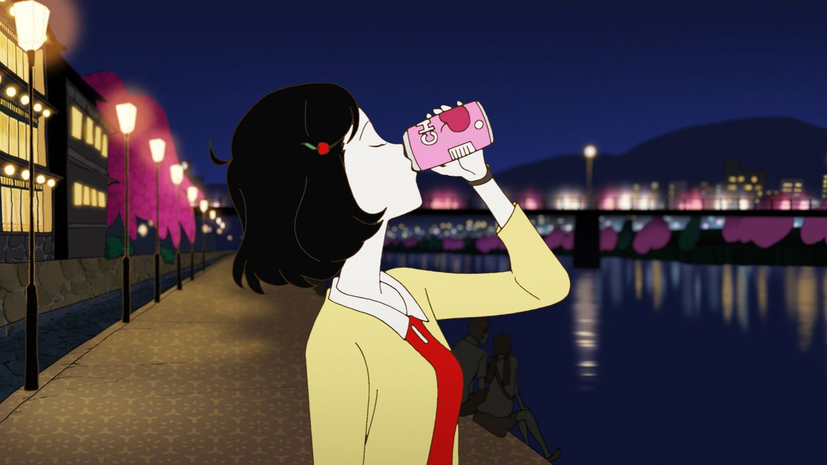 A short-haired girl drinking a soda by a river in Night Is Short, Walk On Girl.