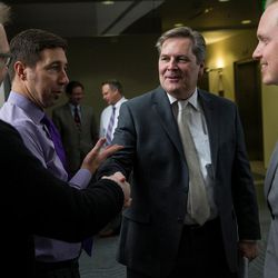 Brian West, news director for the Deseret News, Chuck Wing, managing editor for cross platform news for KSL Broadcasting and the Deseret News, Doug Wilks, editor and head content officer of the Deseret News, and Burke Olsen, the newly named head digital officer for the Deseret News, chat after a staff meeting at the newspaper's offices in Salt Lake City on Wednesday, Dec. 21, 2016.