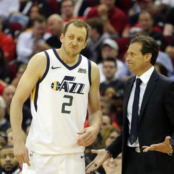 Utah Jazz forward Joe Ingles (2) and Utah Jazz head coach Quin Snyder talk during Game 5 of the NBA playoffs against the Houston Rockets at the Toyota Center in Houston on Tuesday, May 8, 2018. The Jazz lost 102-112.