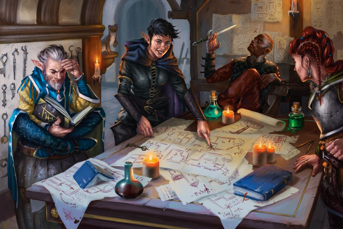 A group of four adventurers puzzle of a map. Candles burn, while a ferret peers in from the adjoining room.